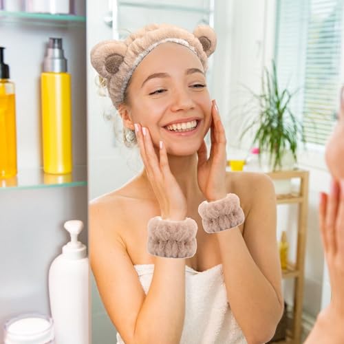 3 Pcs Spa Headband Wrist Washband Set,Soft Makeup Headbands for Washing Face,Cute Bear Ear Skincare Hair Band for Women Girls Fluffy Headband Elastic Wrist Bands for Face Washing Make Up,Brown - Image 7