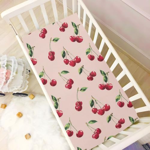 Image of Cute Cherry Pattern Crib Sheets Soft Breathable Fitted Baby Crib Sheets Mattress Cover for Girls Boys, 52 inch x 28 inch x 9 inch
