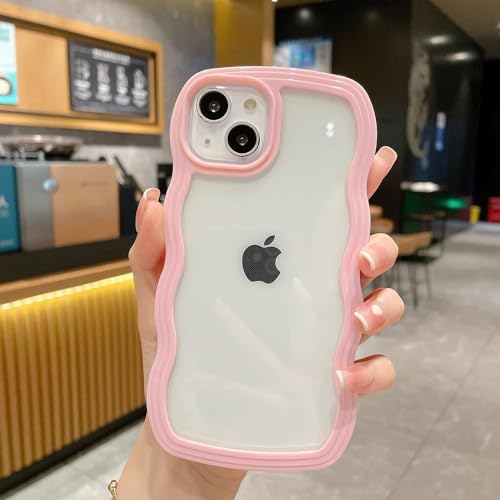 Image of MIDOS Back Cover Compatible with iPhone 15, Cute Curly Wave Frame Clear Case for Girls Women, Transparent Soft Silicone TPU Bumper Shockproof Protective Cover for iPhone 15 (Pink)