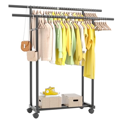 YOOGAA Double Rod - Tringle à vêtements sur roulettes - En métal - Pour chambre à coucher, linge, salon - 176 x 133 x 46 cm (H x l x P) - Noir - 176 x 133...