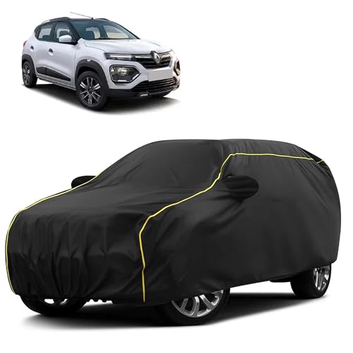 Image of Sulfar 100% Water Resistant Car Body Cover Compatible with Mirror for Renault Kwid (Triple Stitched, Full Bottom Elastic, Black Taffeta with Yellow Piping)