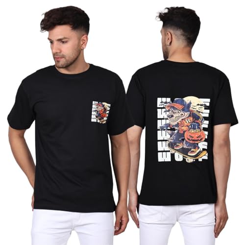 Image of Dragon's Lair Men's Printed Round Neck Pure Cotton Black T-Shirt for a Bold and Mystical Look