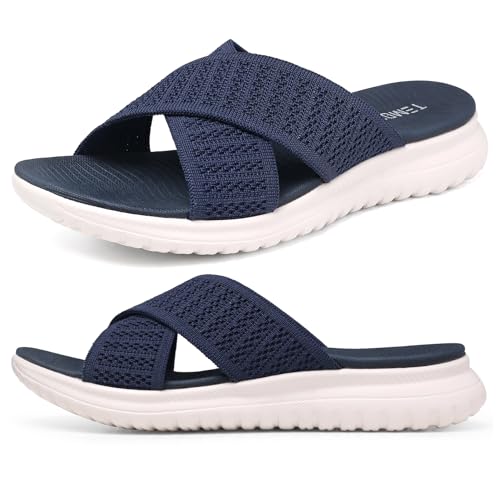 TEMOFON Slides for Women Wide Width Sandals: Comfortable Arch Support Casual Flats Walking Sandals Summer Beach Dressy Slide Sandals Navy Blue Size 9