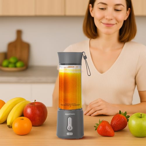 Image of Amazon Basics Portable Hand Blender for Smoothies and Juices | Pulse Mode | USB Rechargeable | 6 Stainless Steel Blades | 500 ml Jar | 1 year Warranty | 2x2000 mAh Batteries (Grey)