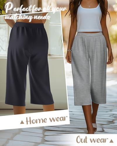 Neer 4 Pack Women's Capri Pants, Cotton Wide Leg Capris Sweatpants Lounge Loose Fit Cropped Yoga Pant with Pockets for Summer2