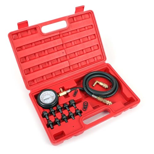 WilTec Kit de Testeur de Pression d’Huile Moteur - Set de 12 pcs. - 370 x 290 x 65 mm - avec Tuyau et manomètre jauge 0-10bar 0-140psi - dans Un Coffret