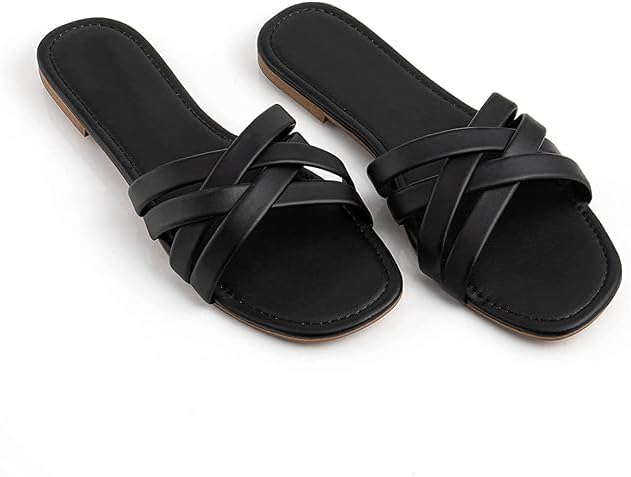 Women's Woven Strap Flat Sandals, Brown, Slip-On Summer Slides