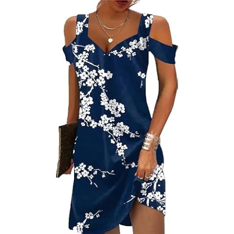 Navy Floral L Summer Dresses for Women 2024 Cold Shoulder V Neck Vintage Print Cami Dress Beach Vacation Boho Mini Sundress Cover
