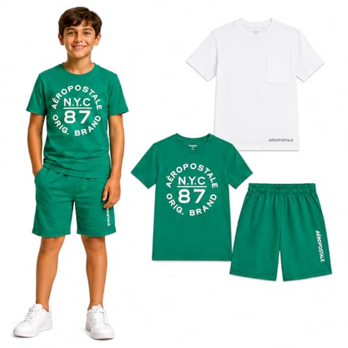 Image of AEROPOSTALE Boys Athletic Shorts Set 3 Piece Graphic T Shirts Fleece Shorts | Soft Breathable Jersey Tees, Elastic Waistband, Side Pockets, Screen-print Design, Durable Stitching for School & Play