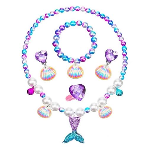 Image of FancyDressWale Mermaid Jewelry Kit Shell Necklace, Bracelet, Ring, Earrings, and Organza Bags - Perfect for Mermaid Party Costume Accessories. Cute Style, Plastic and Organza.