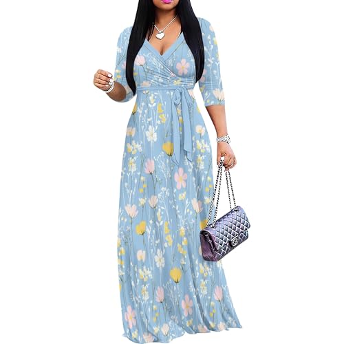 Image of PinkPatty Plus Size Maxi Dress for Women Casual V Neck 3 /4 Sleeve Boho Printed Long Dress with Pockets