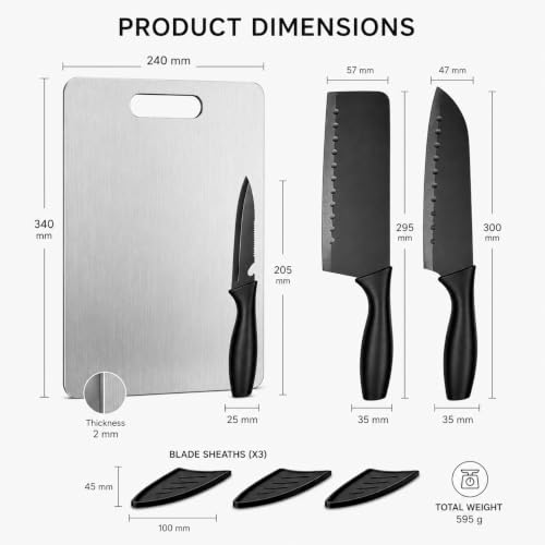 Image of Kitchen Knife Set with Steel Cutting Board | 3 Pcs Kitchen Knives Black Coated Stainless Steel Blades with Covers | Food Grade Steel Chopping Board for Vegetables, Fruits & Meat