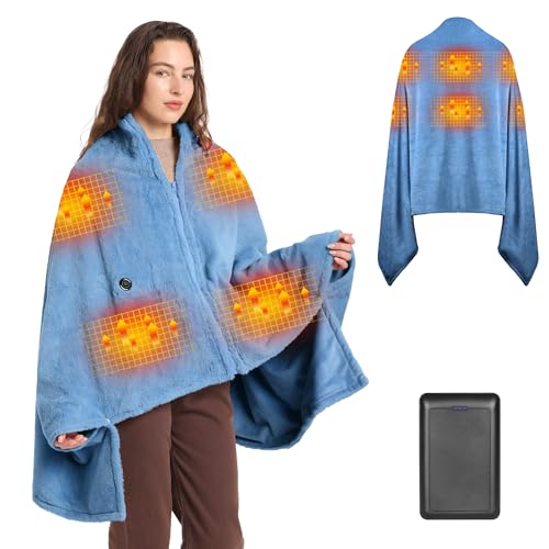 Moteoza Manta Eléctrica Sin Cables 160x90 cm con Batería 16000 mAh, 6 Zonas de Calor, 3 Niveles de Temperatura, Portátil Franela Chal Calefactable Termica para Hogar, Oficina, Coche(Azul claro)