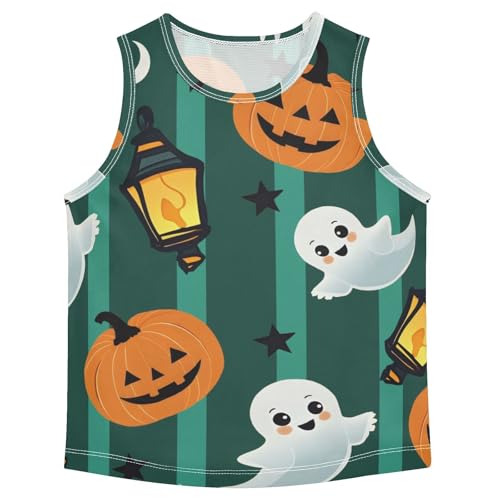 Bolaz Boys Athletic Quick Dry Tank Top Sleeveless Workout T Shirts Age 11-15,Striped Background Pumpkin Ghost Pattern
