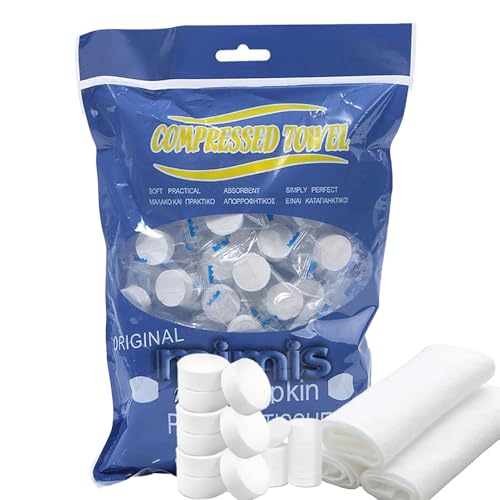 100 Toallitas Comprimidas Desechables,Mini Toallas Portátiles en Forma de Pastilla,Biodegradables,Suaves y Absorbentes,Para Viajes,Camping,Deporte, Coche y Hogar