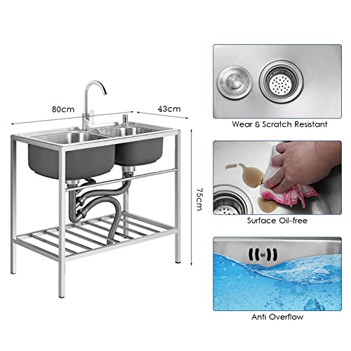 Fregadero de cocina independiente de acero inoxidable con dos senos 7