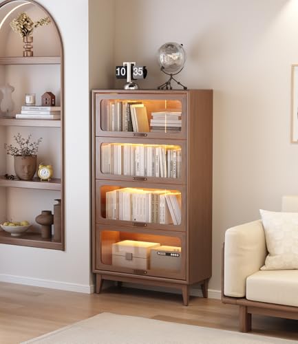Image of Solid Wood Bookcase 4 Tier Bookshelves with Tempered Glass Flip-Up Doors 60Hx12.5Dx32W inch Brown Finish Cube Storage Organizer, Bookshelf Versatile Pantry Cabinet with Storage for Kitchen Home Office