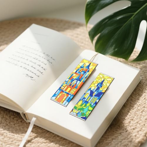 Image of FREEBLOSS 6 Set Cross Stitch Bookmark Kit 11 CT Stamped Cross Stitch Kit DIY Embroidery Bookmark Kits for Adult Beginners with Instructions, Stained Glass Castle Pattern, 6 x 20 cm /8 inch x 2.4 inch