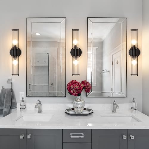 Image of Wall Sconces Set of Two, Black Bathroom Sconces Wall Lighting - Modern Vanity Light Vertical and Horizontal Wall Mount 2-Light Indoor Wall Light for Hallway Living Room(E12 Bulbs Excluded)