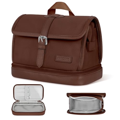 ETRONIK Flap Makeup Bag, Double Layer Travel Makeup Bag, Large Leather Cosmetic Travel Bag, Portable Makeup Bag Organizer for Women and Girls, Coffee