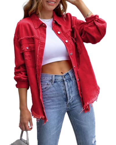Women's Denim Jacket Casual Ripped Distressed Button Down Long Frayed Hem Boyfriend Jean Shacket Coats 2024