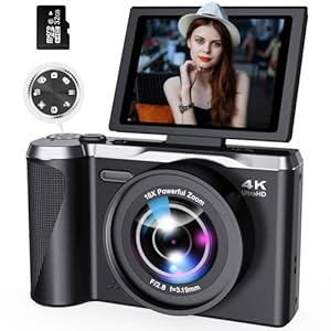 Digital Camera 4K for Photography and Video, 56MP Autofocus Vlogging Camera for YouTube, 3″ 180° Flip Screen & 16X Digital Zoom, Compact Travel Cameras with 32GB SD Card for Beginners & Adults