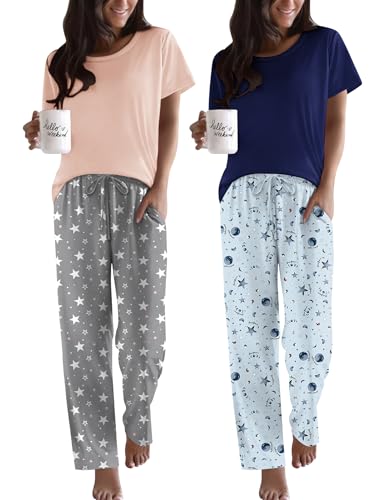 Image of Ekouaer 2 Pack Pajamas for Women Set Short Sleeve Pj Top and Printed Pants | Soft PJs Cozy Printed Lounge Sets Comfy Sleepwear with Pockets
