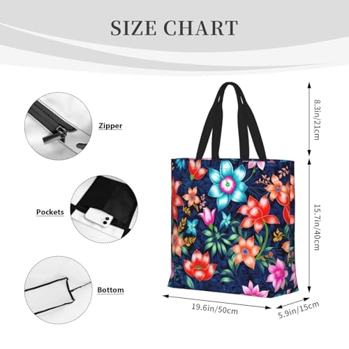 Floral Blue Print Tote Bags, Large Capacity Zipper Shoulder Bag, For Shopping, Work, Daily4