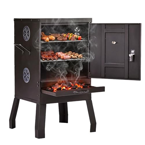 ROVSUN 2-in-1 Outdoor Smoker Vertical Portable Charcoal Grill Smoker with Two Detachable Grill Smoking Racks and Charcoal Pan Perfect for Camping Barbecue Small Families Black
