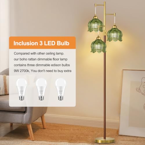 Image of ZECOXOL Wood Floor Lamps for Living Room Bedroom-Rustic Glass Floor Lamp with Three Led Bulb, Modern Mid Century Standing Lamp Brass Vintage Tall Lamp Gold Tree Floor Lamp for Bedroom Corner