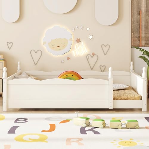 Image of Bellemave Queen Size Montessori Floor Bed Frame with High Fence, Solid Wood Kids Floor Bed with Bookshelf, Low Profile Bed for Boys & Girls, Childlike Design,Beige