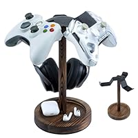 MyGift Industrial Matte Black Metal Headphone Stand with Burnt Wood Tray – Desktop Headset and Gaming Controller Holder for Office, Studio, or Console Setup