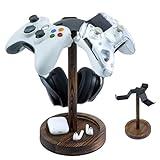 MyGift Industrial Matte Black Metal Headphone Stand with Burnt Wood Tray – Desktop Headset and Gaming Controller Holder for Office, Studio, or Console Setup