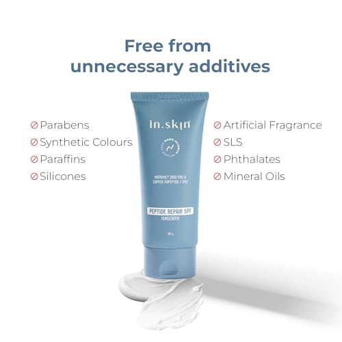 Image of in.skin Peptide Repair SPF 50 PA++++ Sunscreen | Broad Spectrum UV Protection with Matrixyl 3000 & Copper Peptide | Lightweight, Non-Greasy |For Oily, Acne-Prone & Sensitive Skin (100 gm)