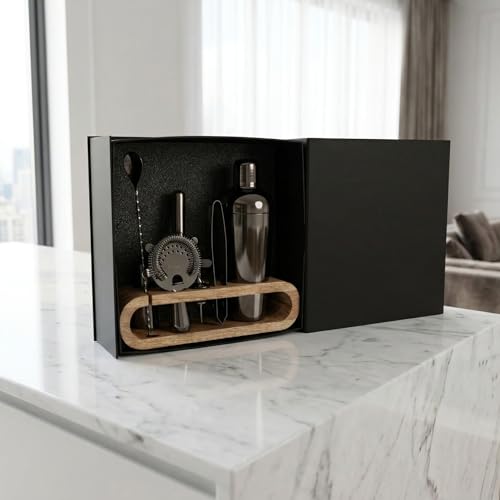Image of Car-O-Bar Gun Metal Bar Set with Stand | 10 Piece Bartender Kit :Cocktail Shaker, Bar Spoon, Jigger, Muddler, Strainer, Wine & Beer Bottle Opener, 2 Pour Spouts, Tong, Wooden Stand with Handles