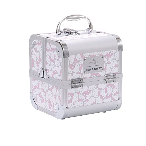 Estojo de viagem de maquiagem Hello Kitty Slaycube da Impressions Vanity com exterior durável, estojo organizador de maquiagem em tamanho portátil com 2 bandejas extensíveis e espelho flip superior,