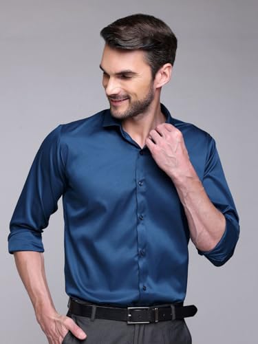 Image of IndoPrimo Men's Satin Shirt with Spread Collar Neck Line Solid Pattern Full Sleeves Regular Fit Western Style and Standard Length