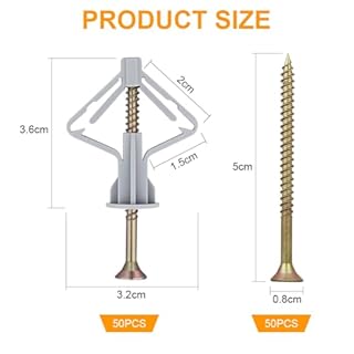 vsshe Viti e Tasselli per Cartongesso, 50pcs Tasselli Autofilettante per Cartongesso,Fissaggi per Cartongesso Autoperforanti,viti e tasselli per cavità a farfalla per fissare cornici,pannello,mattoni