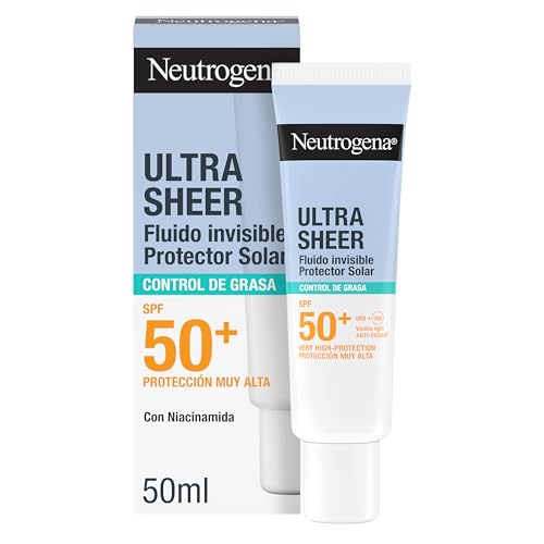 Neutrogena Ultra Sheer Solar Fluido Invisible Oil Control SPF50+ (50ml), protector solar facial 50+ de amplio espectro, crema de sol para piel grasa/con tendencia al acné, ligera y resistente al agua