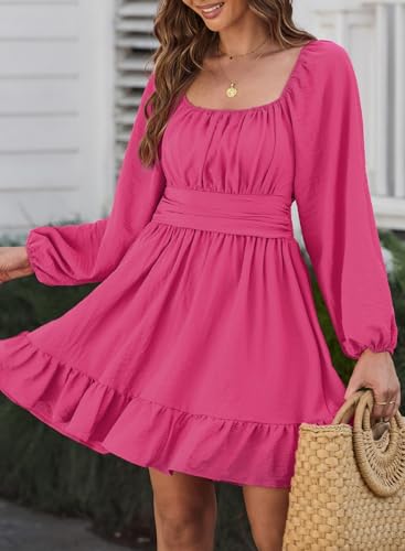 Image of Dokotoo Womens Dress Lantern Sleeve Elastic Waist Tie Backless Mini Dress | Square Neck,Off Shoulder,Flowy,Ruffle A-Line,Casual,Mini Dress,Beach Vacation Clothes,Fall Outifits,Wedding Guest,Boho