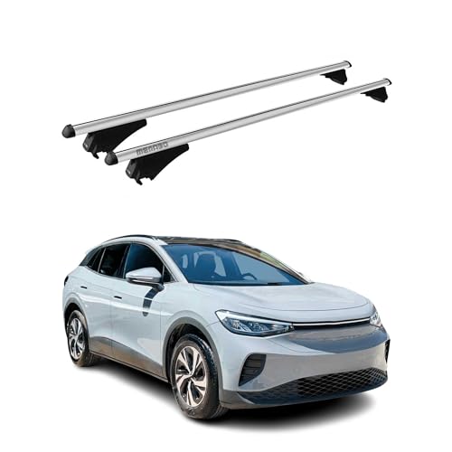 Menabo - Baca básica compatible con VW ID.4 2020-2025, aluminio, 75 kg, plata, 2 piezas, rieles cerrados para portabicicletas, cajas de techo, portaesquís, con cerradura