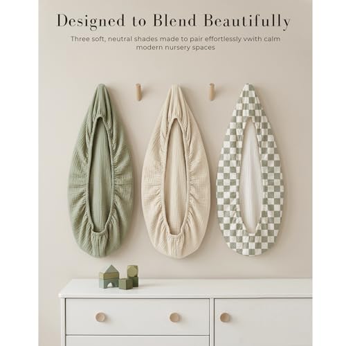 Image of MairMore 3 Pack Muslin Bassinet Sheets for Babies, Soft & Breathable 100% Cotton Fitted Sheets for Oval, Rectangle, Hourglass Bassinet Mattress Pads (Green Chessboard)