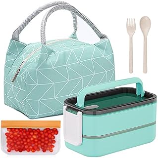 Kisstta Bento Box for Adult, 2 Layer Leak Proof Bento Box with Bag, Utensils & Snack Bag, Portion Meal Prep Lunch Container for Kids/Adults, Microwave|Dishwasher Safe Cute Bento Box