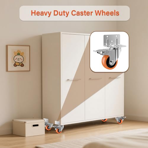 Image of 3inch L-Shaped Caster Wheels, Side Mount Casters Set of 4, Heavy Duty Casters with Brake, Double Bearing Locking Polyurethane(PU) Wheels for Baby Beds /Cabinets /Furniture（4 Pack