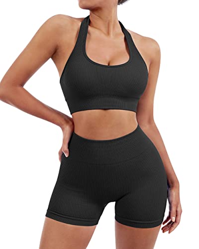 SUUKSESS Women Seamless Ribbed Workout Set Backless Sports Bra Booty Biker Short2