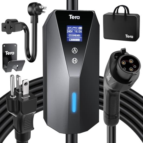 Cargador de Vehículo Eléctrico Portátil Tera: Nivel 2 y 1 J1772 16A 8A 110V 240V ETL Enchufe NEMA 6-20 Estación de Carga para EV Interior y Exterior con Adaptador de Cable NEMA 5-15 de 23 pies B08.