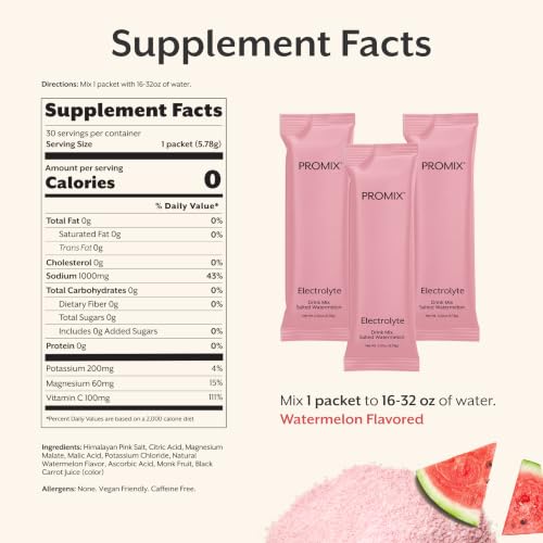 Image of ProMix Nutrition Electrolytes Powder Hydration Packets - Himalayan Pink Salt, Magnesium, Potassium, Vitamin C - Salted Watermelon, Lightly Sweetened - 30 Servings (Pack of 30)