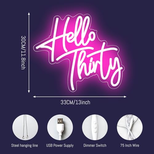 Image of Hello Thirty 30th Birthday Neon Signs Led Neon Light Happy Birthday Party Neon Light for Anniversary Room Wall Decor with Dimmable Switch and USB Powered Neon Lignts