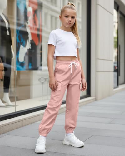 Image of JiAmy Girls Cargo Pants Elastic High Waist Drawstring Pants Jogger Trousers Casual Loose with Pockets 6-14Y