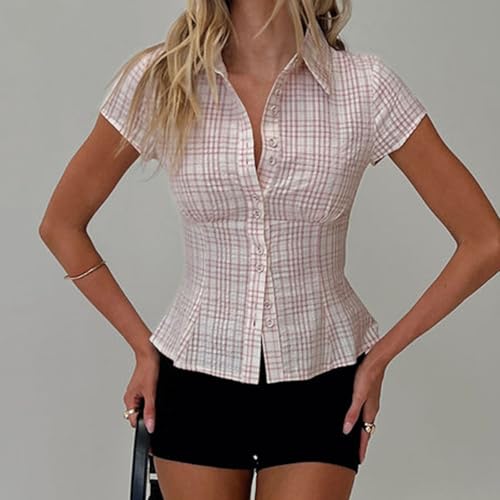 Image of Y2k Girls Vintage Coquette Button Down Shirt Women Short Sleeve V-Neck Slim Fitted T-Shirt Cute Blouse Crop Top